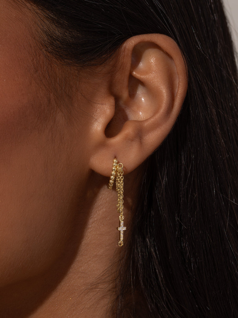 Cross and Chain Huggie Earrings